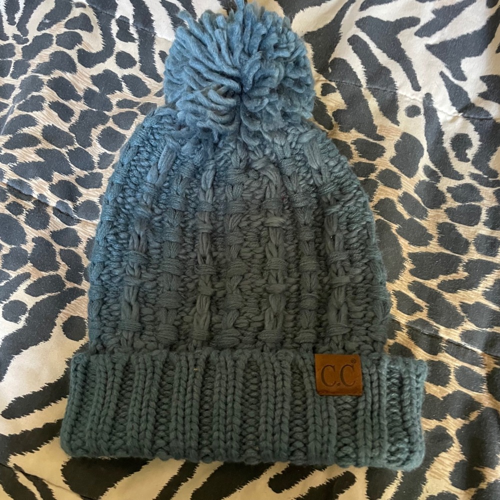 CC Beanie Hat Women's Knit Cap Pom Pom Cable Knit Winter Warm Blue